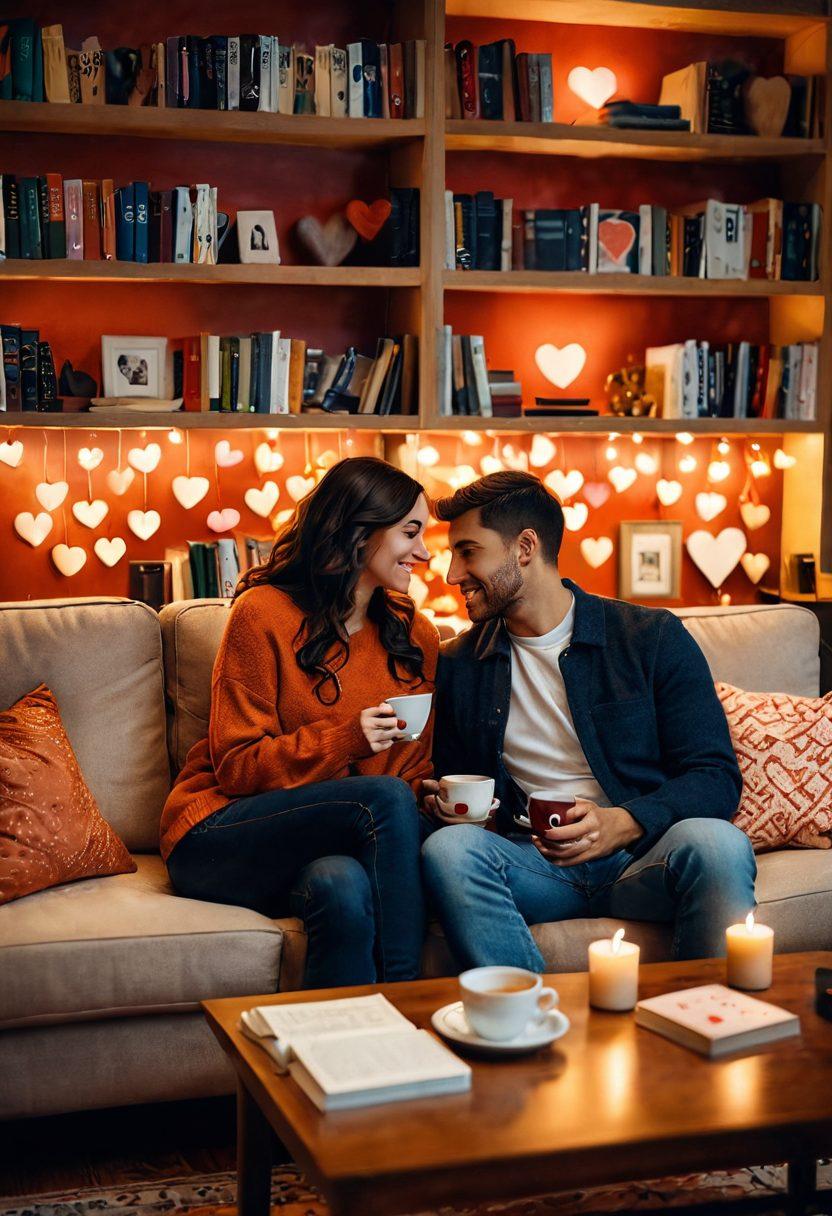 A couple sitting on a cozy couch, engaged in deep conversation, surrounded by soft lighting and warm colors, with symbols of love like hearts gently floating around them. In the background, a bookshelf filled with relationship advice books and a cup of coffee on a table, adding a touch of intimacy and warmth. super-realistic. vibrant colors. soft focus.