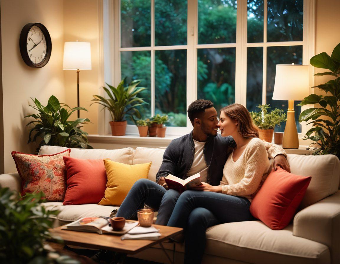 A warm and inviting scene of a diverse couple sitting together on a cozy sofa, engaged in an open and heartfelt conversation. The background features soft lighting, plants for a calming atmosphere, and symbolic elements like an open book and a heart-shaped lamp to represent intimacy and understanding. The couple's expressions are genuine, showcasing trust and connection. Add subtle details like colorful cushions and a window revealing a serene garden outside. super-realistic. vibrant colors. soft focus.