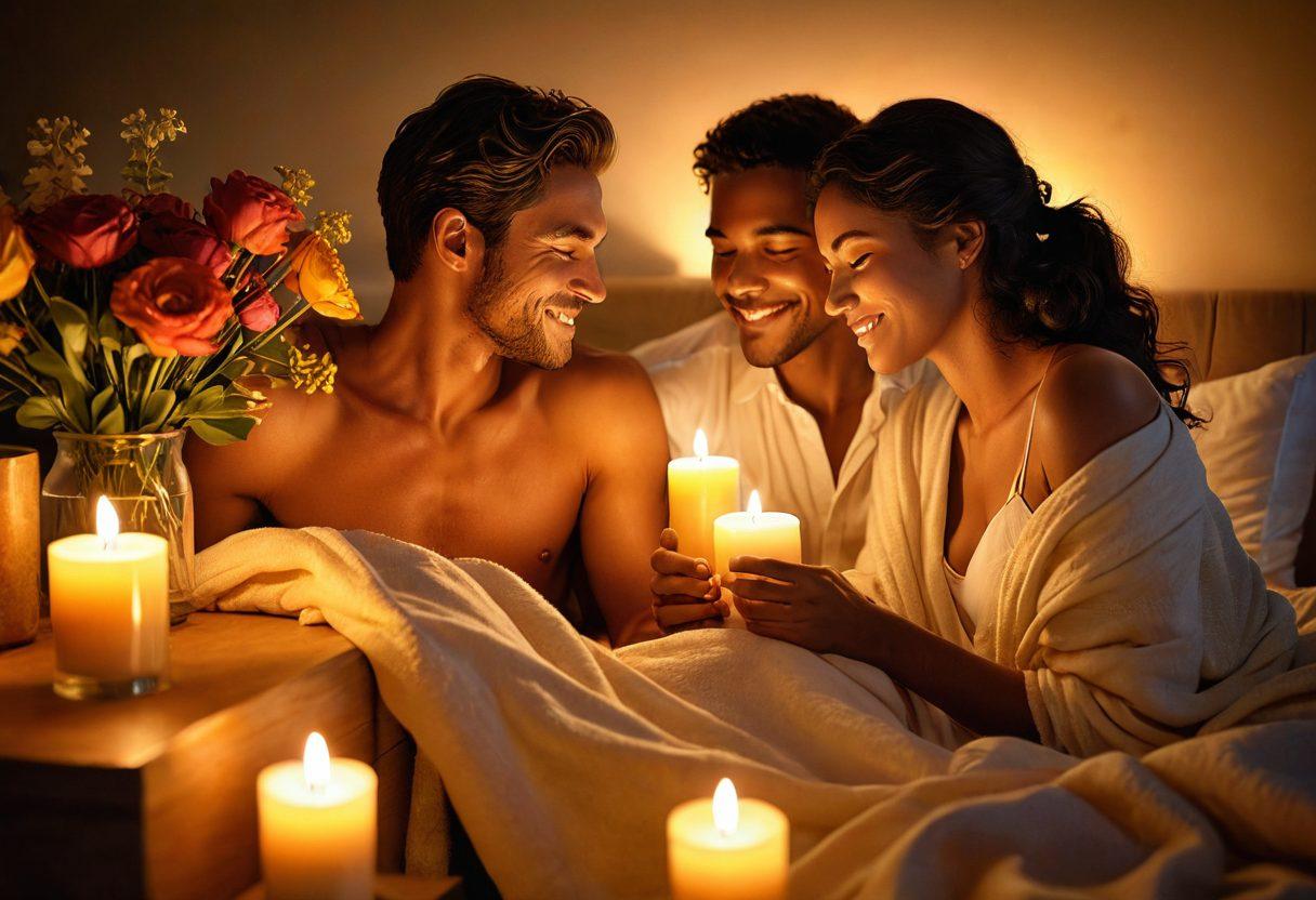 A serene and romantic scene featuring a couple engaging in intimate conversation by candlelight. Soft, warm colors illuminate their faces as they share laughter, surrounded by lush, vibrant flowers symbolizing love and connection. Include subtle elements representing wellness, like aromatherapy candles and a cozy blanket draped around them. The overall atmosphere should radiate warmth, intimacy, and empowerment. super-realistic. vibrant colors. soft focus.
